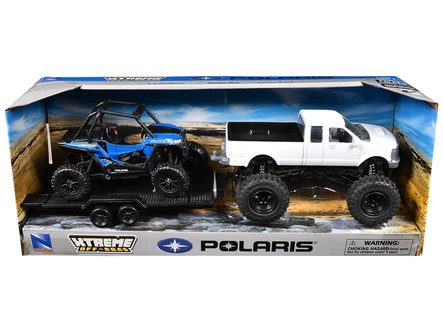 Lifted Pickup Truck White and Polaris RZR XP Turbo Blue with Flatbed Trailer "Xtreme Off-Road" Series Diecast Model by New Ray