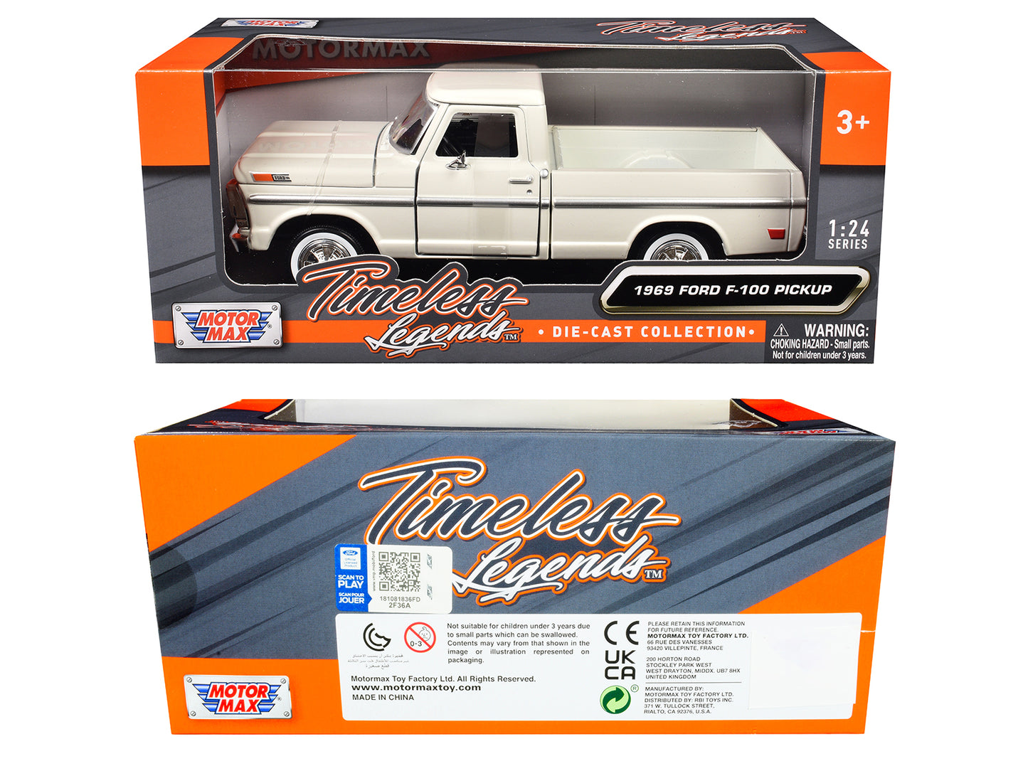 1969 Ford F-100 Pickup Truck Cream "Timeless Legends" Series 1/24 Diecast Model Car by Motormax