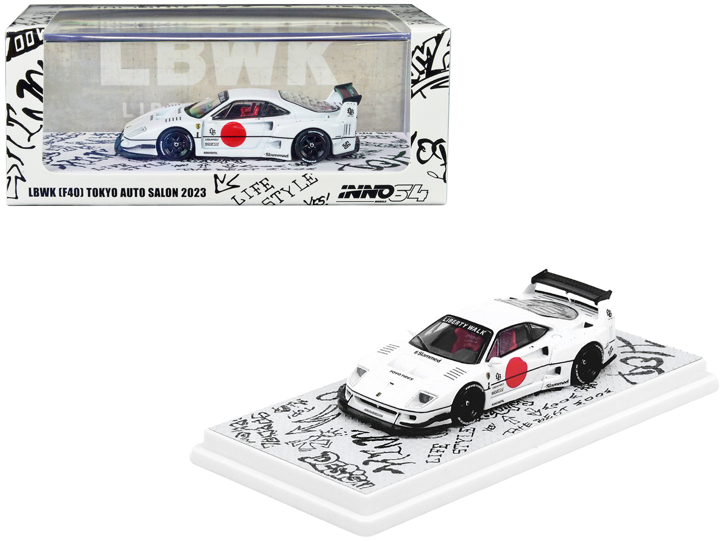 LBWK (Liberty Walk) F40 White with Graphics "Tokyo Auto Salon 2023" 1/64 Diecast Model Car by Inno Models