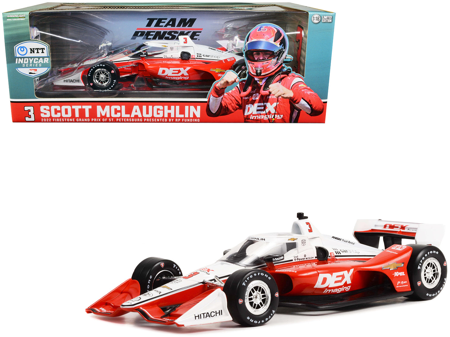 Dallara IndyCar #3 Scott McLaughlin &quot;DEX Imaging&quot; Team Penske (Road Course Configuration) &quot;NTT IndyCar Series&quot; First Win Firestone Grand Prix of St. Petersburg (2022) 1/18 Diecast Model Car by Greenlight