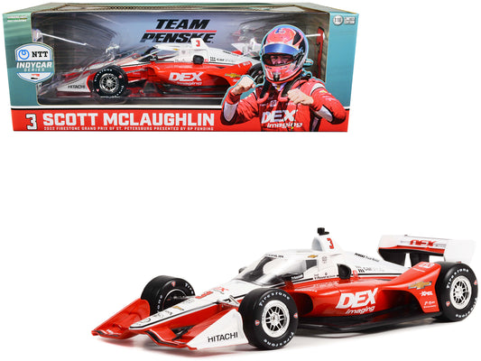 Dallara IndyCar #3 Scott McLaughlin &quot;DEX Imaging&quot; Team Penske (Road Course Configuration) &quot;NTT IndyCar Series&quot; First Win Firestone Grand Prix of St. Petersburg (2022) 1/18 Diecast Model Car by Greenlight