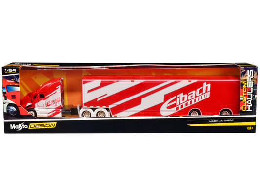 Mack Anthem Enclosed Car Transporter &quot;Eibach&quot; Red with White Graphics &quot;Custom Haulers&quot; Series 1/64 Diecast Model by Maisto