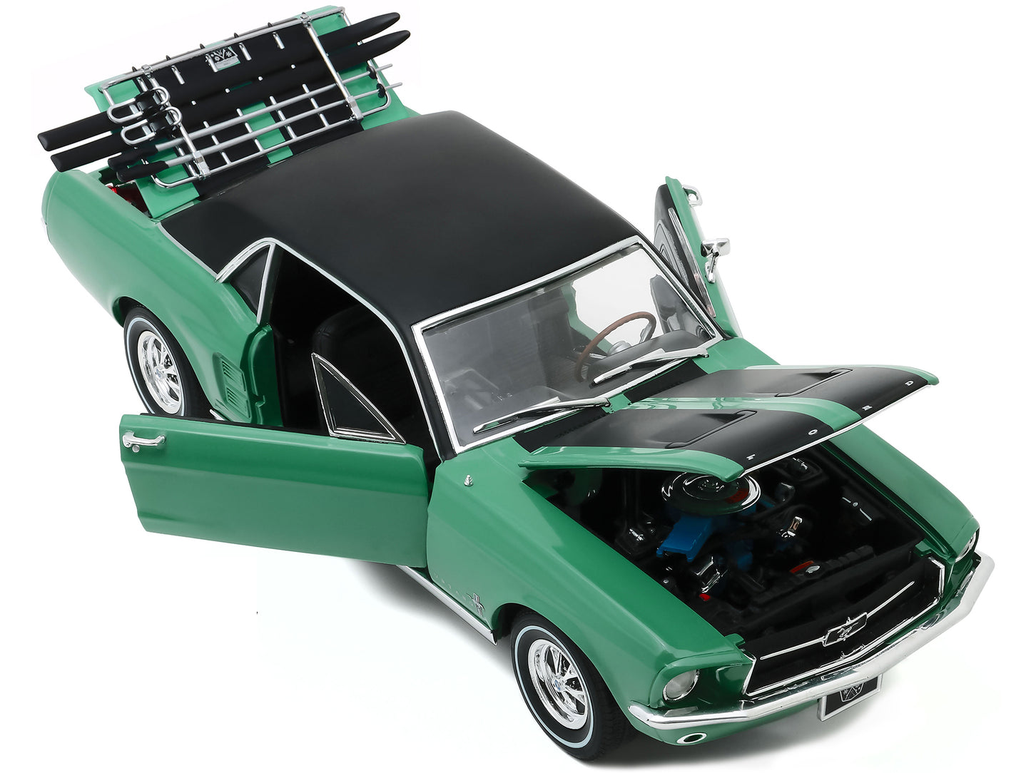 1967 Ford Mustang Coupe Loveland Green Metallic with Black Stripes and Black Top and a Pair of Skis &quot;Ski Country Special&quot; 1/18 Diecast Model Car by Greenlight