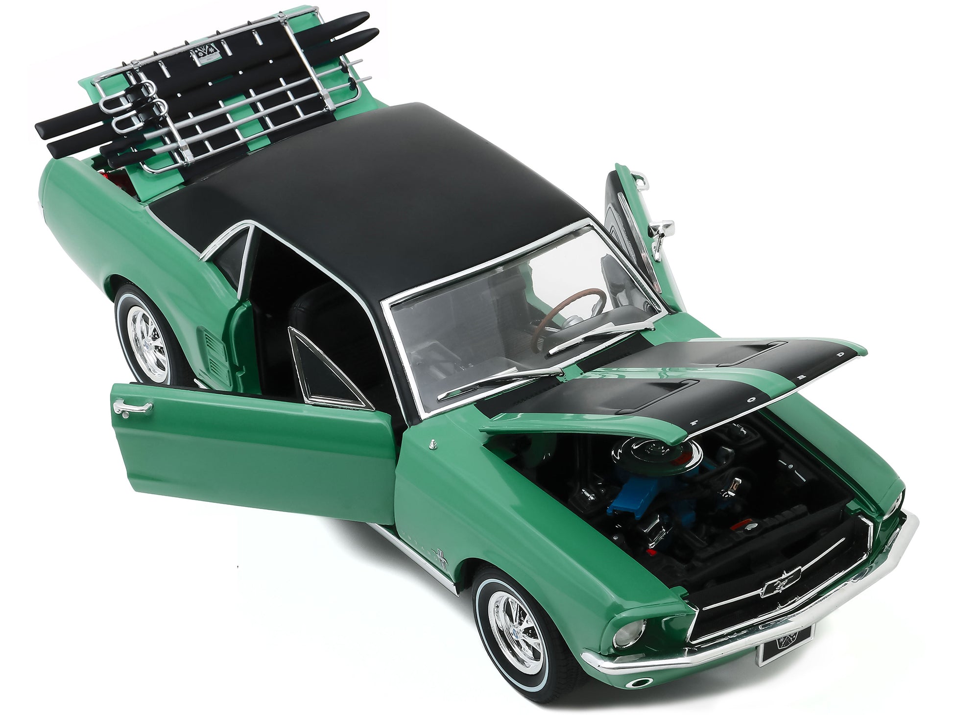 1967 Ford Mustang Coupe Loveland Green Metallic with Black Stripes and Black Top and a Pair of Skis &quot;Ski Country Special&quot; 1/18 Diecast Model Car by Greenlight