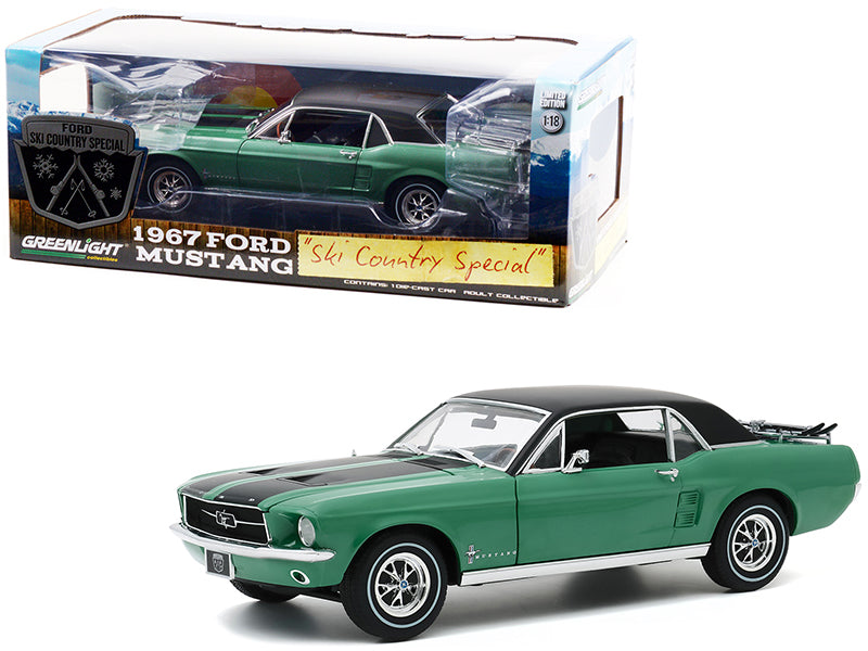 1967 Ford Mustang Coupe Loveland Green Metallic with Black Stripes and Black Top and a Pair of Skis &quot;Ski Country Special&quot; 1/18 Diecast Model Car by Greenlight
