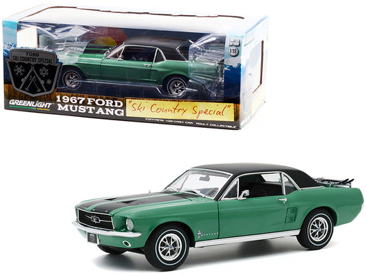 1967 Ford Mustang Coupe Loveland Green Metallic with Black Stripes and Black Top and a Pair of Skis &quot;Ski Country Special&quot; 1/18 Diecast Model Car by Greenlight