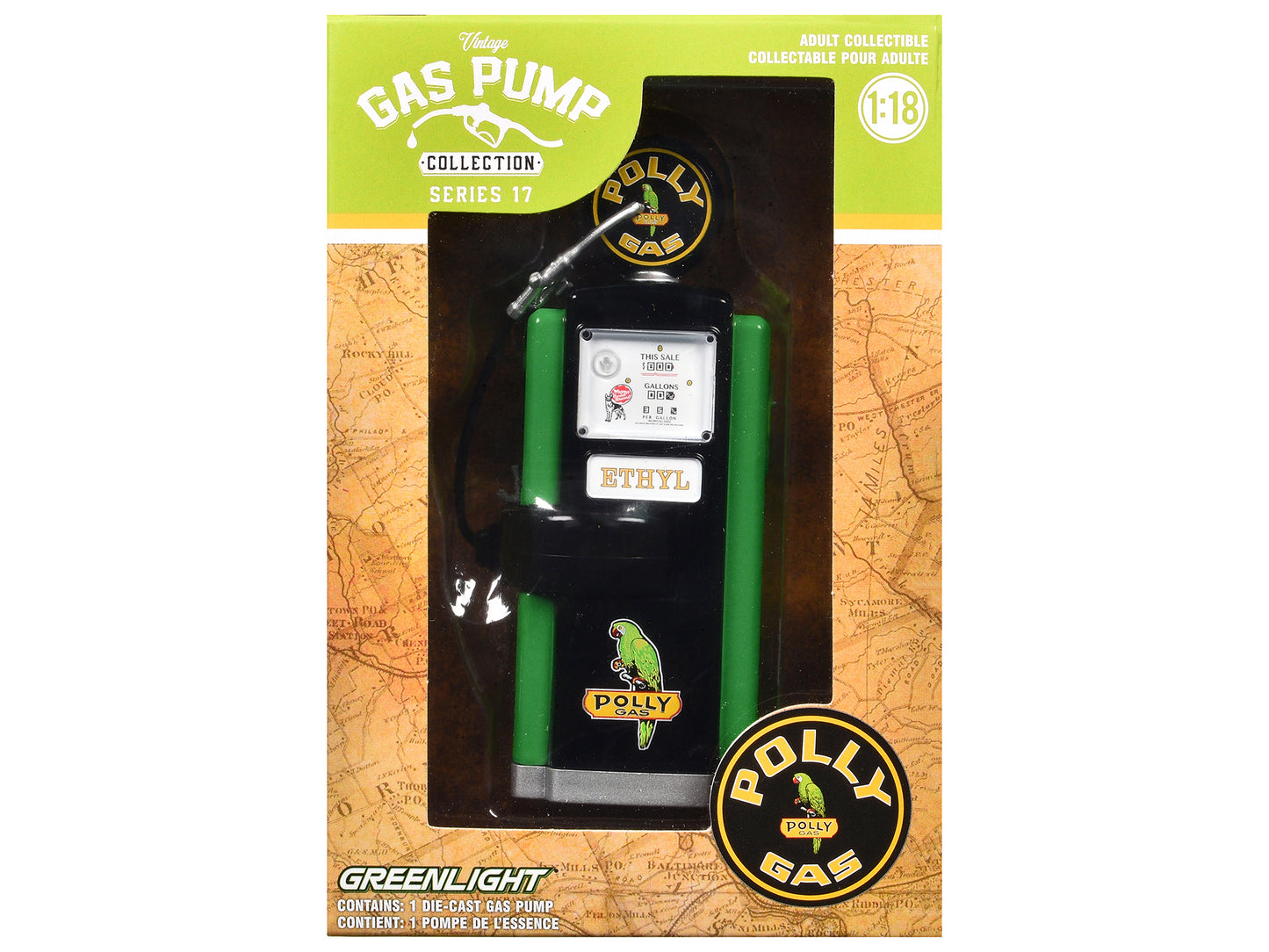 1948 Wayne 100-A Gas Pump &quot;Polly Gas&quot; Black and Green &quot;Vintage Gas Pumps&quot; Series 17 1/18 Diecast Replica by Greenlight