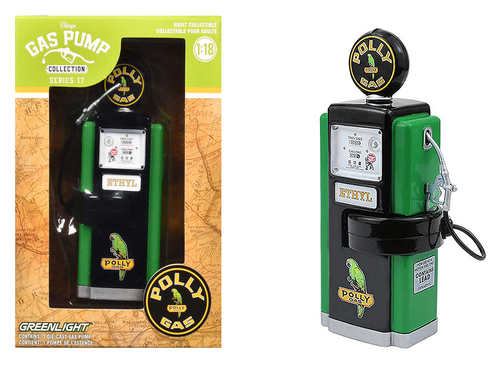 1948 Wayne 100-A Gas Pump &quot;Polly Gas&quot; Black and Green &quot;Vintage Gas Pumps&quot; Series 17 1/18 Diecast Replica by Greenlight