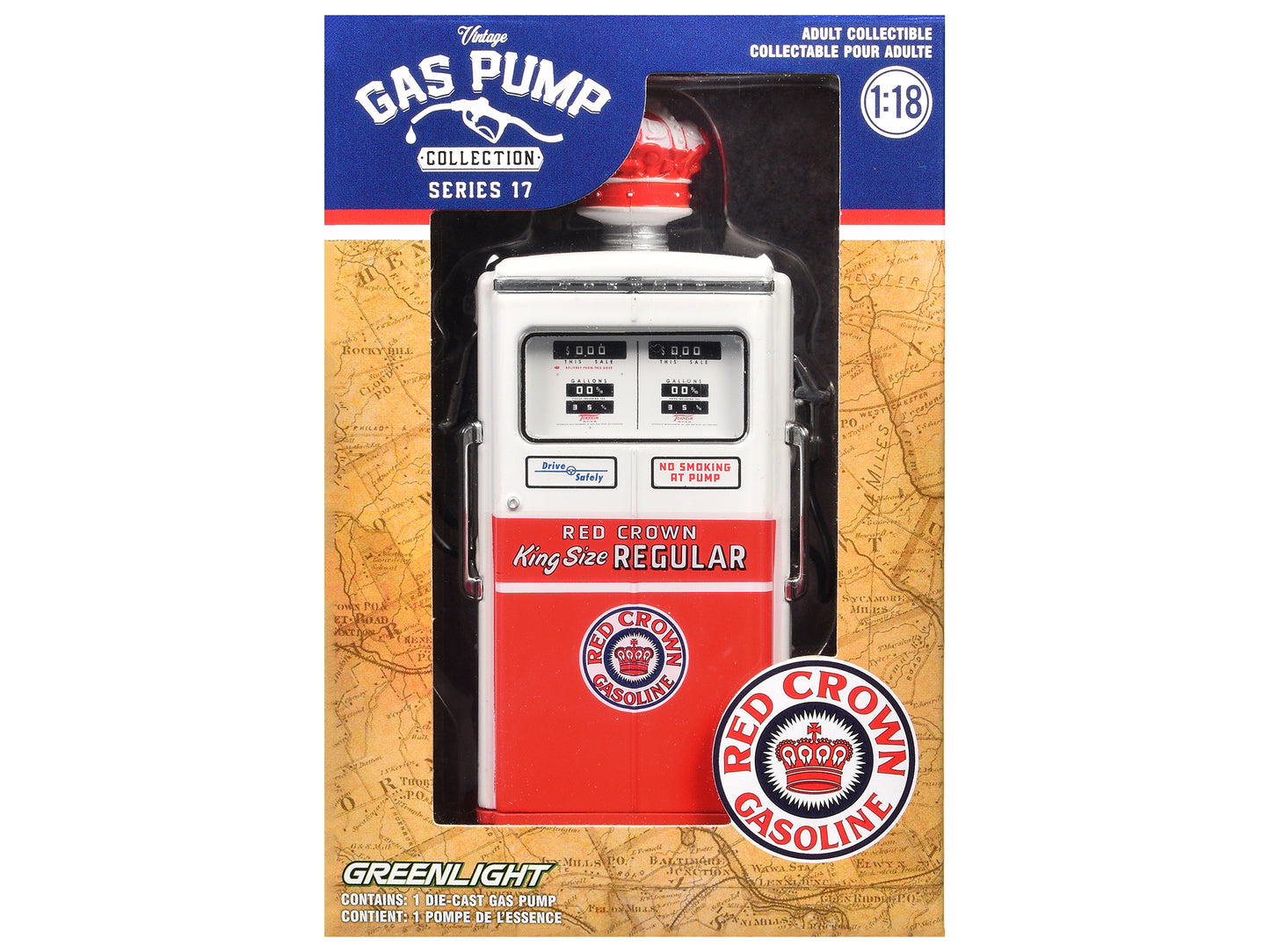 1954 Tokheim 350 Twin Gas Pump &quot;Red Crown Gasoline&quot; White and Red &quot;Vintage Gas Pumps&quot; Series 17 1/18 Diecast Replica by Greenlight
