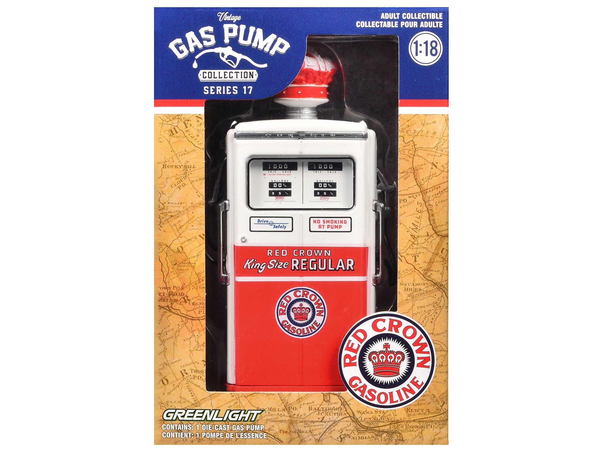 1954 Tokheim 350 Twin Gas Pump &quot;Red Crown Gasoline&quot; White and Red &quot;Vintage Gas Pumps&quot; Series 17 1/18 Diecast Replica by Greenlight