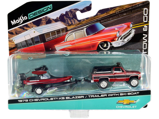 1979 Chevrolet K5 Blazer Red Metallic and Matt Black and Ski Boat Red Metallic and Matt Black with Trailer &quot;Tow & Go&quot; Series 1/64 Diecast Models by Maisto