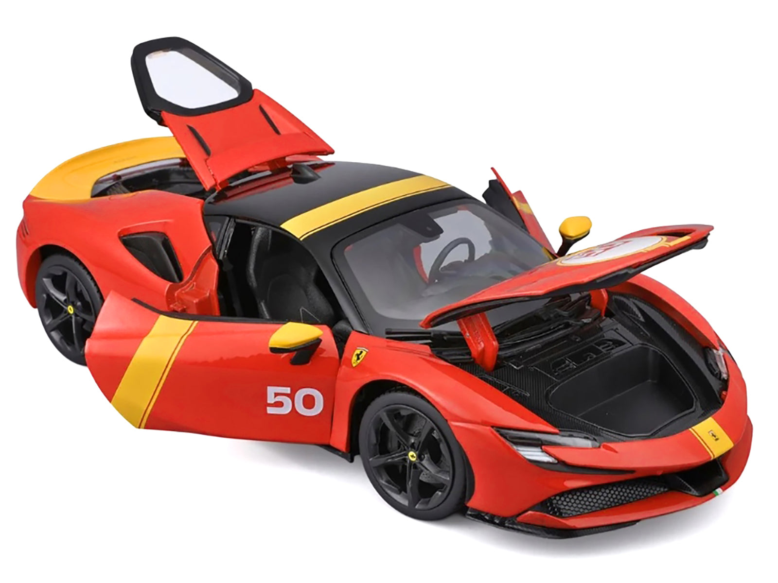 Ferrari SF90 Stradale Assetto Fiorano #50 Red with Black Top and Yellow Stripes &quot;Race + Play&quot; Series 1/18 Diecast Model Car by Bburago