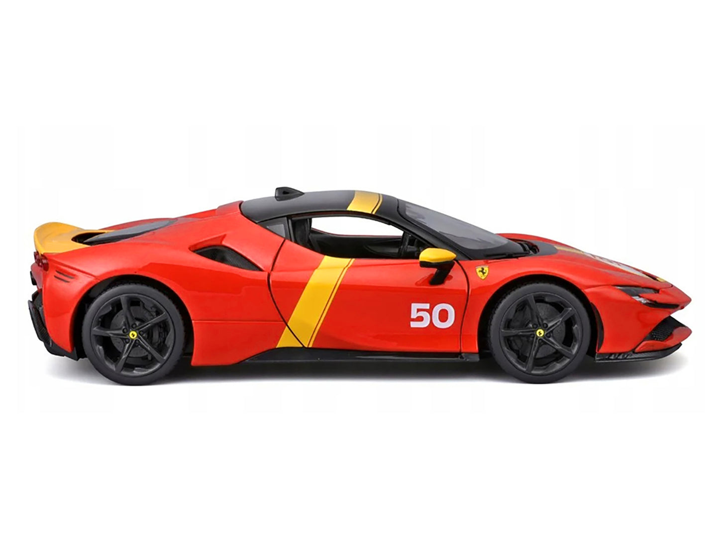 Ferrari SF90 Stradale Assetto Fiorano #50 Red with Black Top and Yellow Stripes &quot;Race + Play&quot; Series 1/18 Diecast Model Car by Bburago