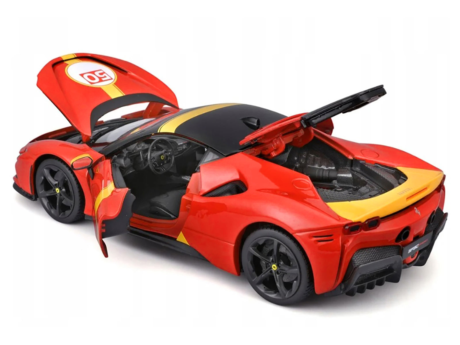 Ferrari SF90 Stradale Assetto Fiorano #50 Red with Black Top and Yellow Stripes &quot;Race + Play&quot; Series 1/18 Diecast Model Car by Bburago