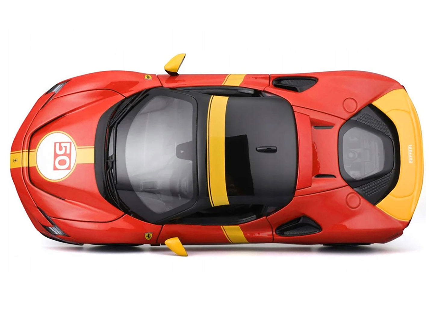 Ferrari SF90 Stradale Assetto Fiorano #50 Red with Black Top and Yellow Stripes &quot;Race + Play&quot; Series 1/18 Diecast Model Car by Bburago