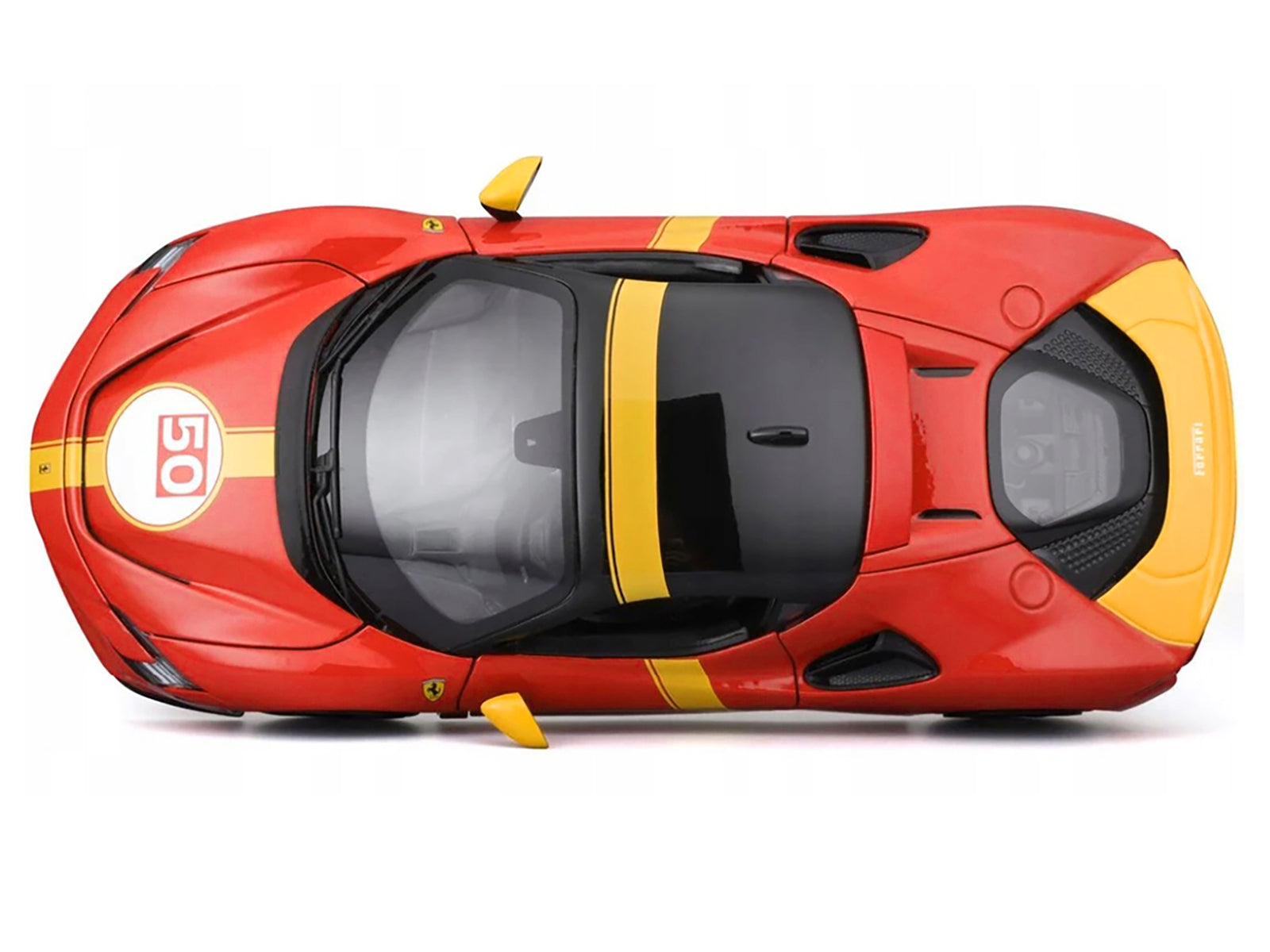 Ferrari SF90 Stradale Assetto Fiorano #50 Red with Black Top and Yellow Stripes &quot;Race + Play&quot; Series 1/18 Diecast Model Car by Bburago