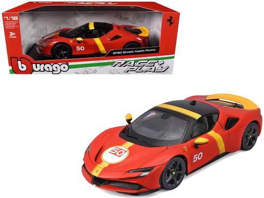 Ferrari SF90 Stradale Assetto Fiorano #50 Red with Black Top and Yellow Stripes &quot;Race + Play&quot; Series 1/18 Diecast Model Car by Bburago