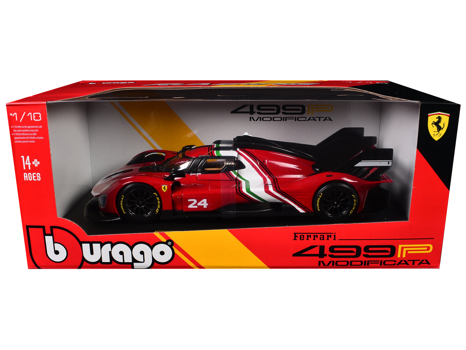 Ferrari 499P Modificata #24 Red with Italian Flag Stripes &quot;Racing&quot; Series 1/18 Diecast Model Car by Bburago