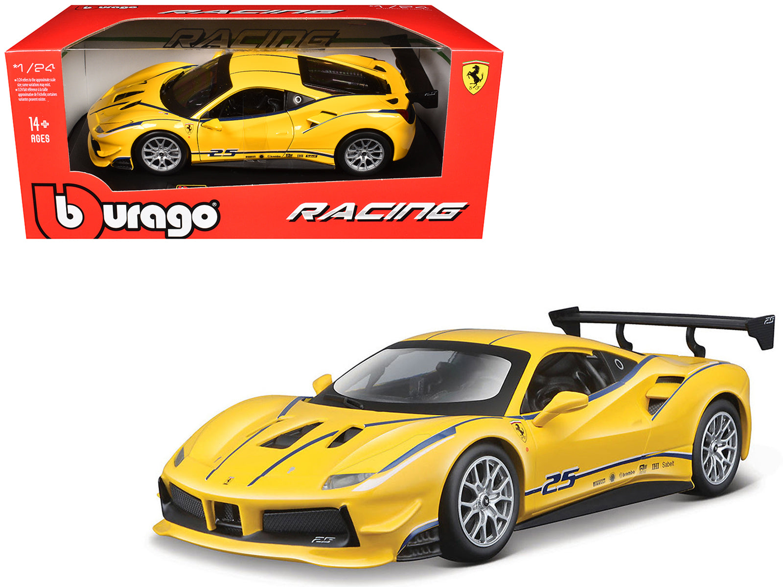 Ferrari 488 Challenge #25 Yellow with Blue Stripes &quot;Ferrari Racing&quot; 1/24 Diecast Model Car by Bburago