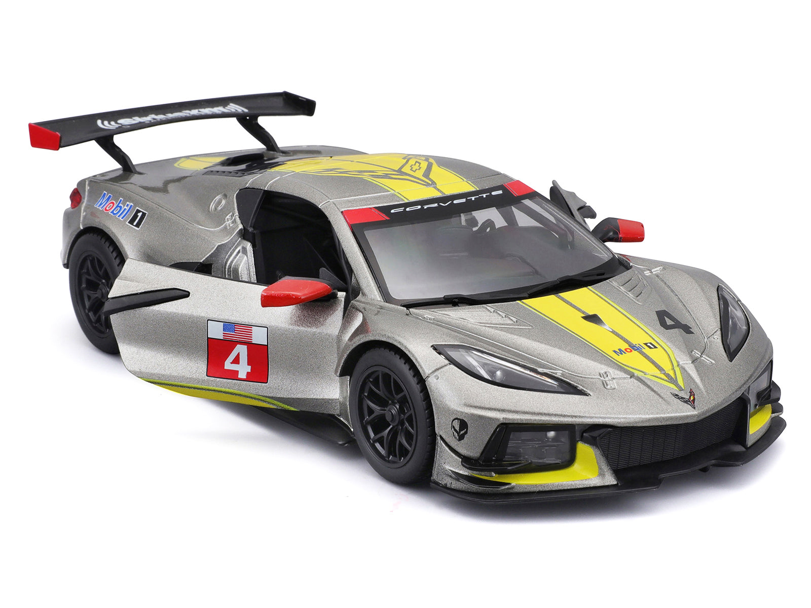 2020 Chevrolet Corvette C8.R #4 Silver Metallic with Yellow Stripes &quot;Race&quot; Series 1/24 Diecast Model Car by Bburago