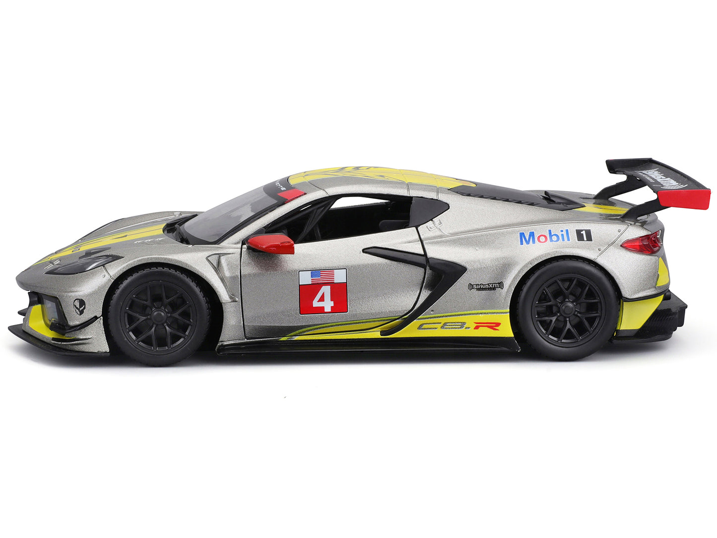 2020 Chevrolet Corvette C8.R #4 Silver Metallic with Yellow Stripes &quot;Race&quot; Series 1/24 Diecast Model Car by Bburago