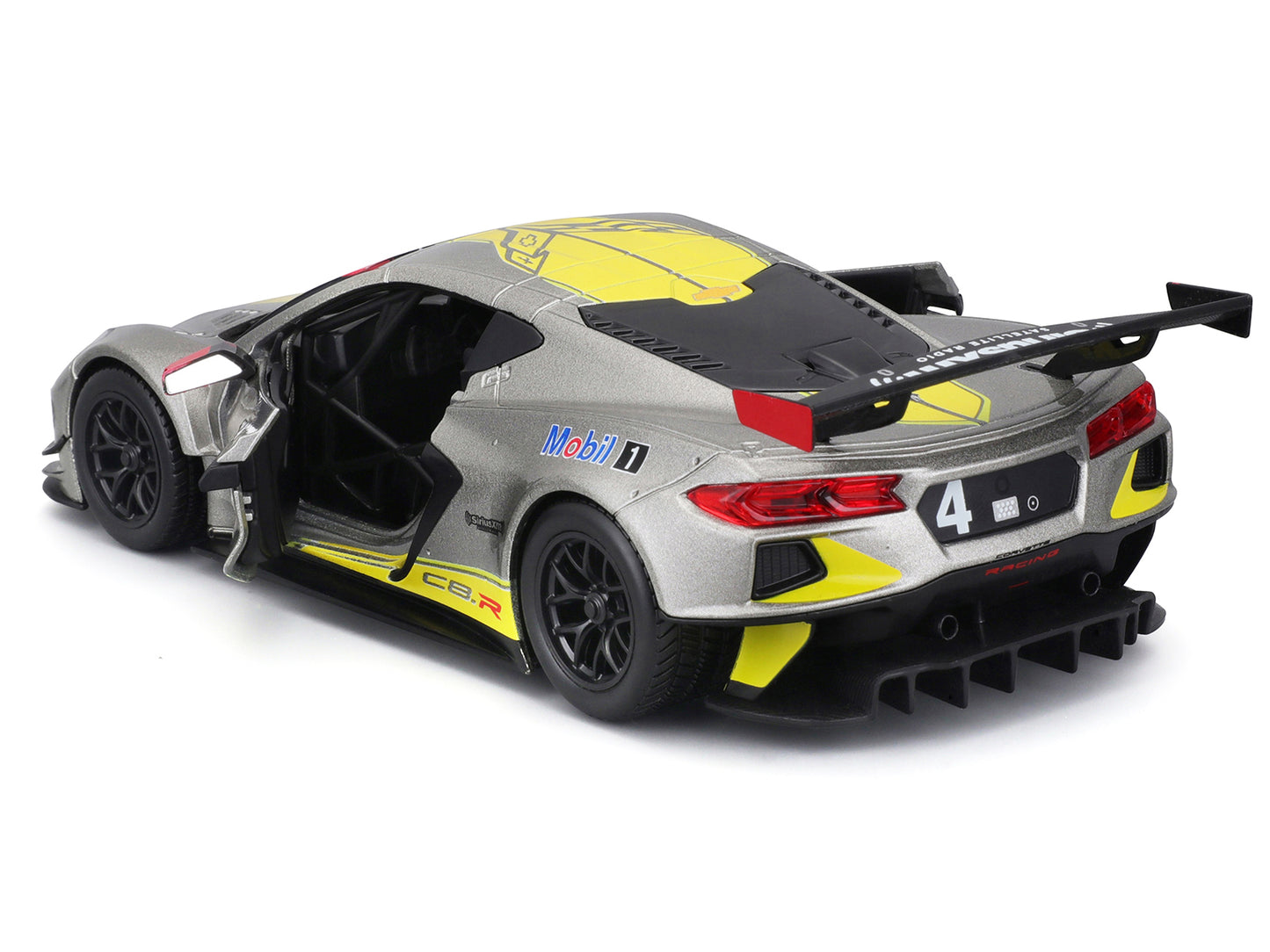 2020 Chevrolet Corvette C8.R #4 Silver Metallic with Yellow Stripes &quot;Race&quot; Series 1/24 Diecast Model Car by Bburago