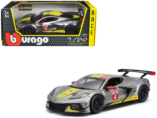 2020 Chevrolet Corvette C8.R #4 Silver Metallic with Yellow Stripes &quot;Race&quot; Series 1/24 Diecast Model Car by Bburago