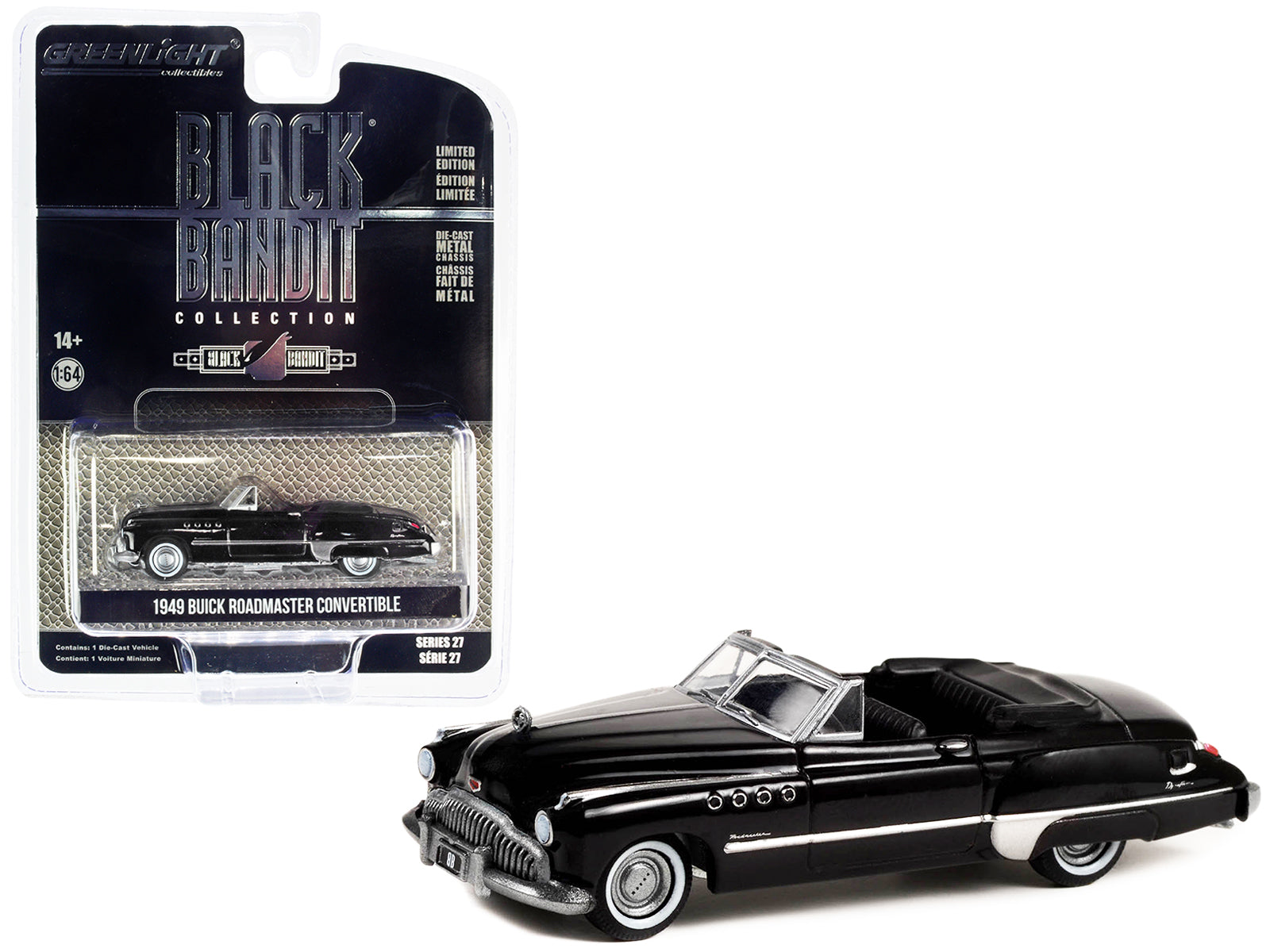 1949 Buick Roadmaster Convertible Black Metallic &quot;Black Bandit&quot; Series 27 1/64 Diecast Model Car by Greenlight