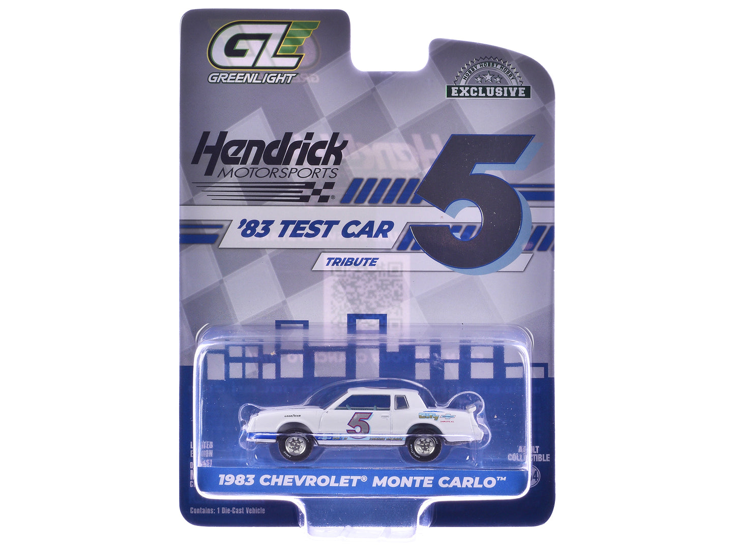 1983 Chevrolet Monte Carlo #5 &quot;Hendrick Motorsports First Test Car Tribute&quot; White with Blue Stripes and Interior &quot;Hobby Exclusive&quot; Series 1/64 Diecast Model Car by Greenlight
