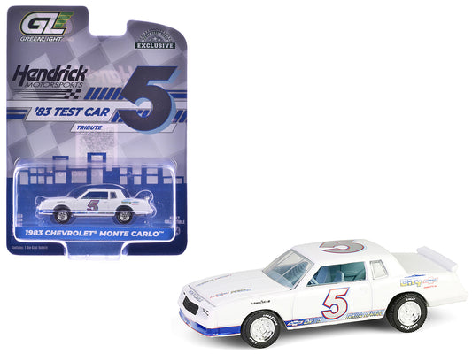 1983 Chevrolet Monte Carlo #5 &quot;Hendrick Motorsports First Test Car Tribute&quot; White with Blue Stripes and Interior &quot;Hobby Exclusive&quot; Series 1/64 Diecast Model Car by Greenlight