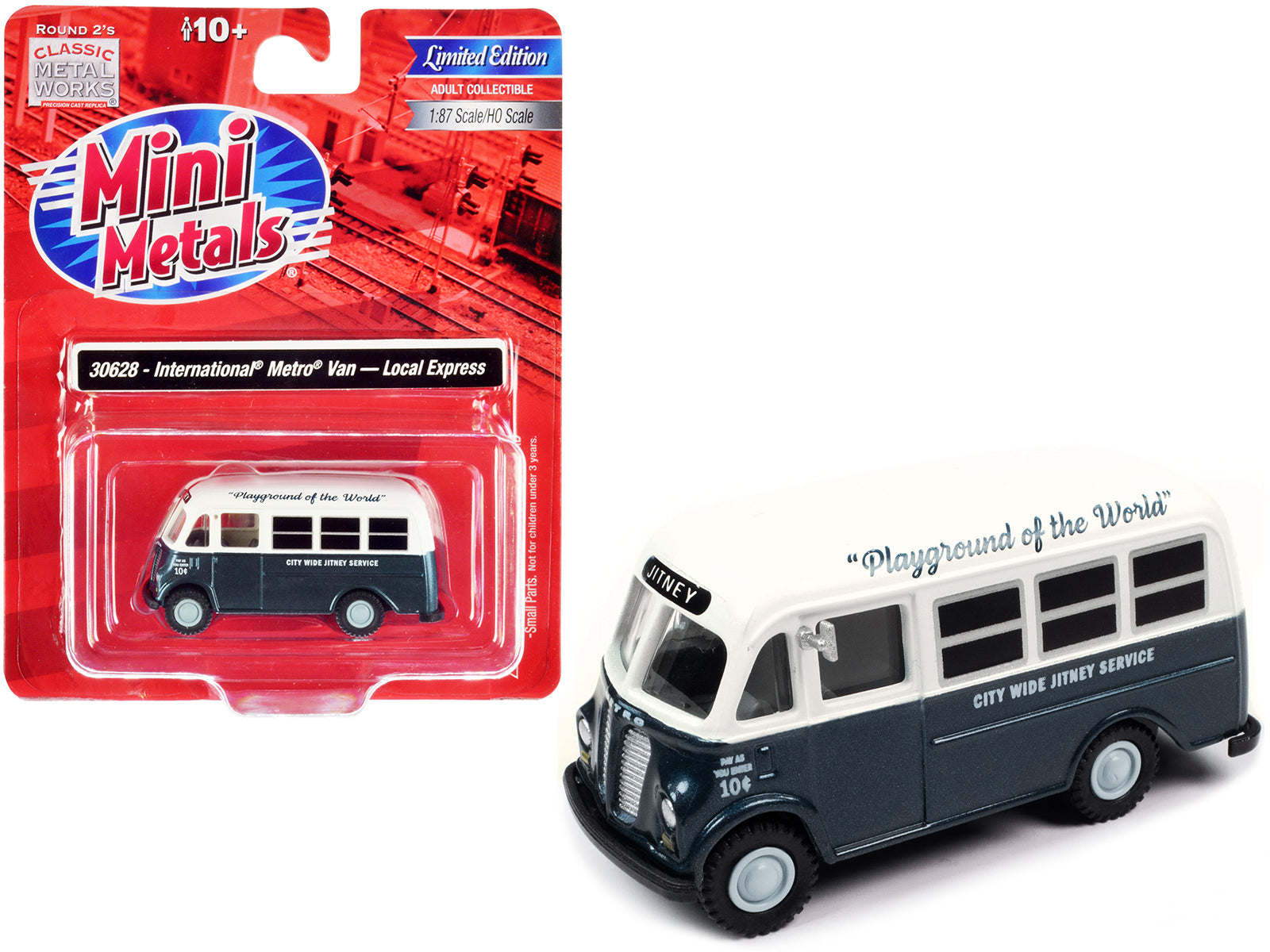 International Metro Van Dark Blue Metallic and White &quot;City Wide Jitney Service&quot; 1/87 (HO) Scale Model Car by Classic Metal Works