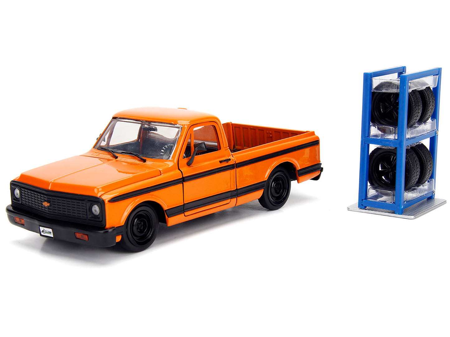 1972 Chevrolet Cheyenne Pickup Truck Orange with Black Stripes and Extra Wheels &quot;Just Trucks&quot; Series 1/24 Diecast Model Car by Jada