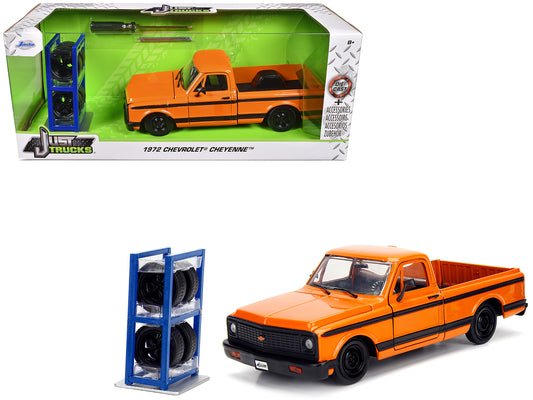 1972 Chevrolet Cheyenne Pickup Truck Orange with Black Stripes and Extra Wheels &quot;Just Trucks&quot; Series 1/24 Diecast Model Car by Jada