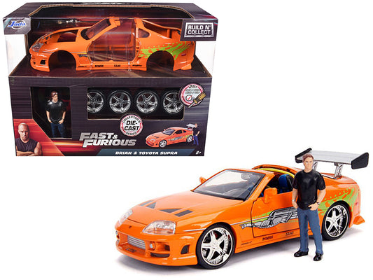 Model Kit Toyota Supra Metallic Orange with Brian Diecast Figure &quot;Fast & Furious&quot; Movie &quot;Build N' Collect&quot; 1/24 Diecast Model Car by Jada