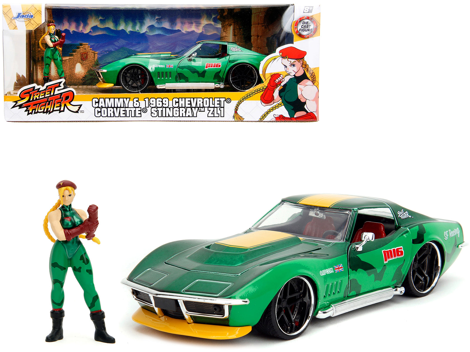 1969 Chevrolet Corvette Stingray ZL1 Green Metallic with Yellow Stripes and Cammy Diecast Figure &quot;Street Fighter&quot; Video Game &quot;Anime Hollywood Rides&quot; Series 1/24 Diecast Model Car by Jada