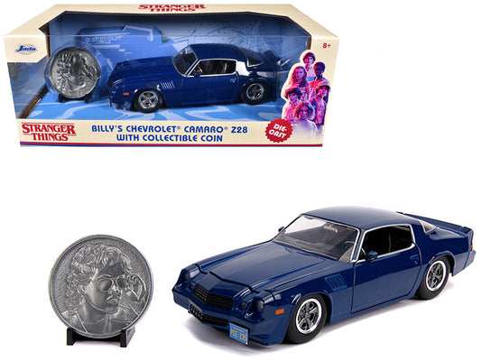 Billy's Chevrolet Camaro Z28 Dark Blue with Collectible Coin &quot;Stranger Things&quot; (2016) TV Series 1/24 Diecast Model Car by Jada