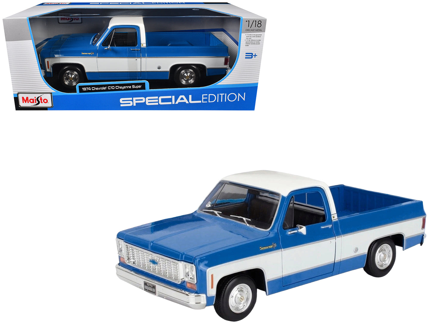1974 Chevrolet C10 Cheyenne Super Pickup Truck Blue and White &quot;Special Edition&quot; Series 1/18 Diecast Model Car by Maisto