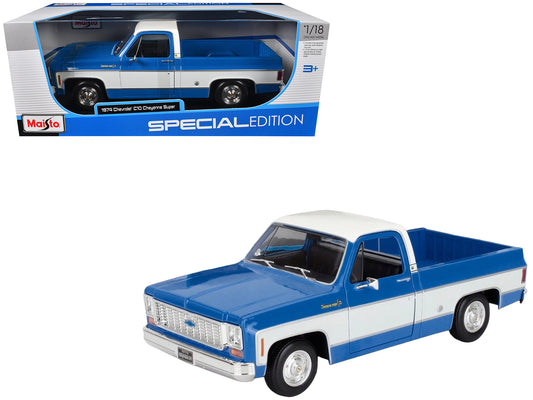 1974 Chevrolet C10 Cheyenne Super Pickup Truck Blue and White &quot;Special Edition&quot; Series 1/18 Diecast Model Car by Maisto