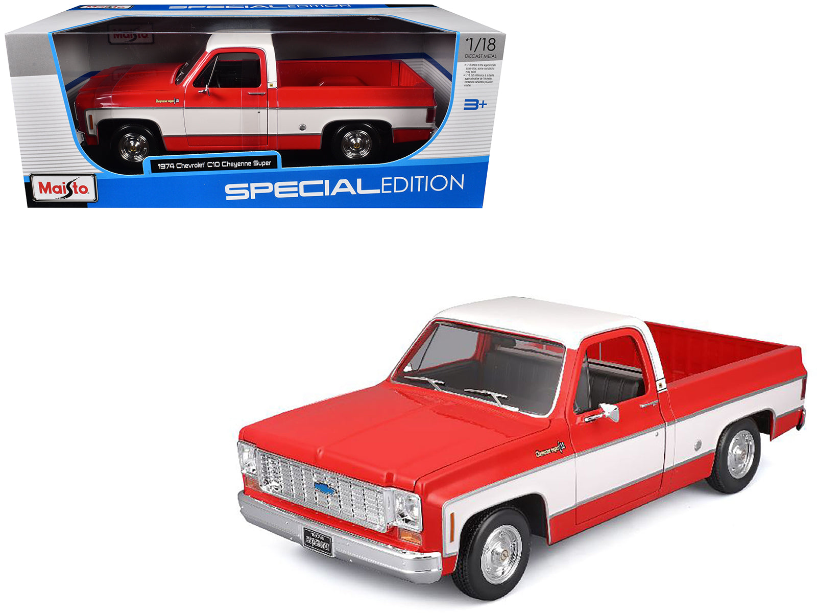 1974 Chevrolet C10 Cheyenne Super Pickup Truck Red and White &quot;Special Edition&quot; Series 1/18 Diecast Model Car by Maisto