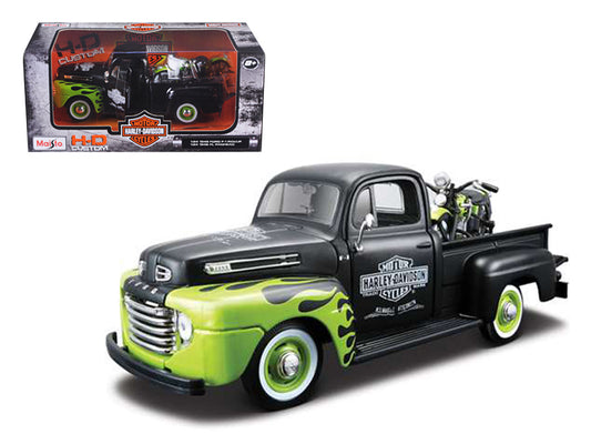 1948 Ford F-1 Pickup Truck &quot;Harley Davidson&quot; with 1948 Harley Davidson FL Panhead Motorcycle Black and Green 1/24 Diecast Models by Maisto
