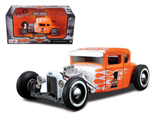 1929 Ford Model A #1 &quot;Harley Davidson&quot; Orange with White Flames 1/24 Diecast Model Car by Maisto