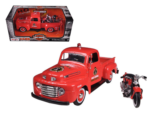 1948 Ford F-1 Pickup Truck &quot;Harley Davidson&quot; Fire Truck and 1936 El Knucklehead Motorcycle 1/24 Diecast Models by Maisto