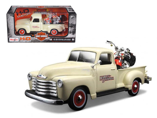 1950 Chevrolet 3100 Pickup Truck Cream 1/25 and 2001 FLSTS Heritage Springer Motorcycle Orange 1/24 &quot;Harley-Davidson Custom&quot; Series Diecast Models by Maisto