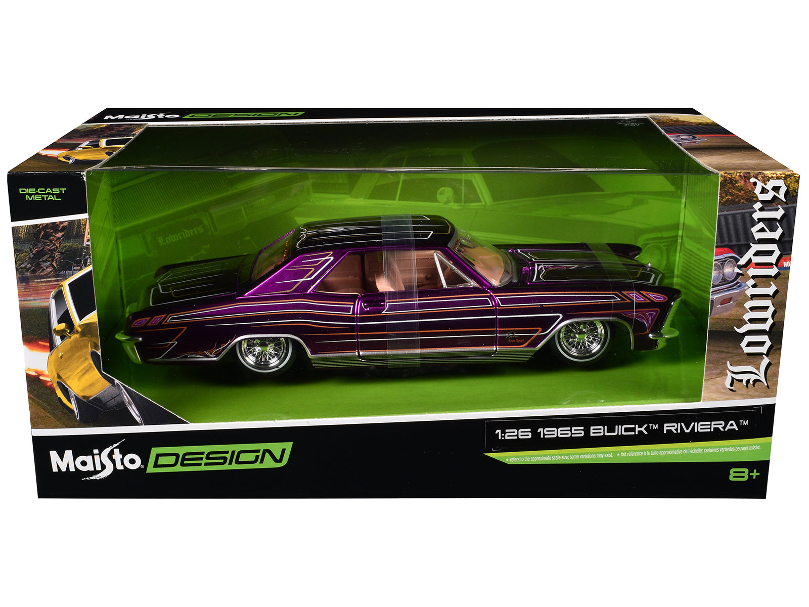 1965 Buick Riviera Lowrider Purple Metallic with Graphics &quot;Lowriders&quot; Series 1/26 Diecast Model Car by Maisto