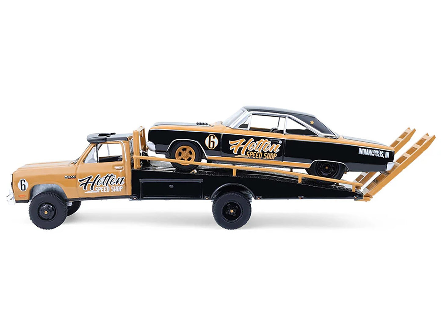 1985 Dodge Ram D350 Ramp Truck and 1965 Dodge Coronet &quot;Hotton Speed Shop&quot; Brown and Black &quot;H.D. Trucks&quot; Series 26 1/64 Diecast Model Cars by Greenlight