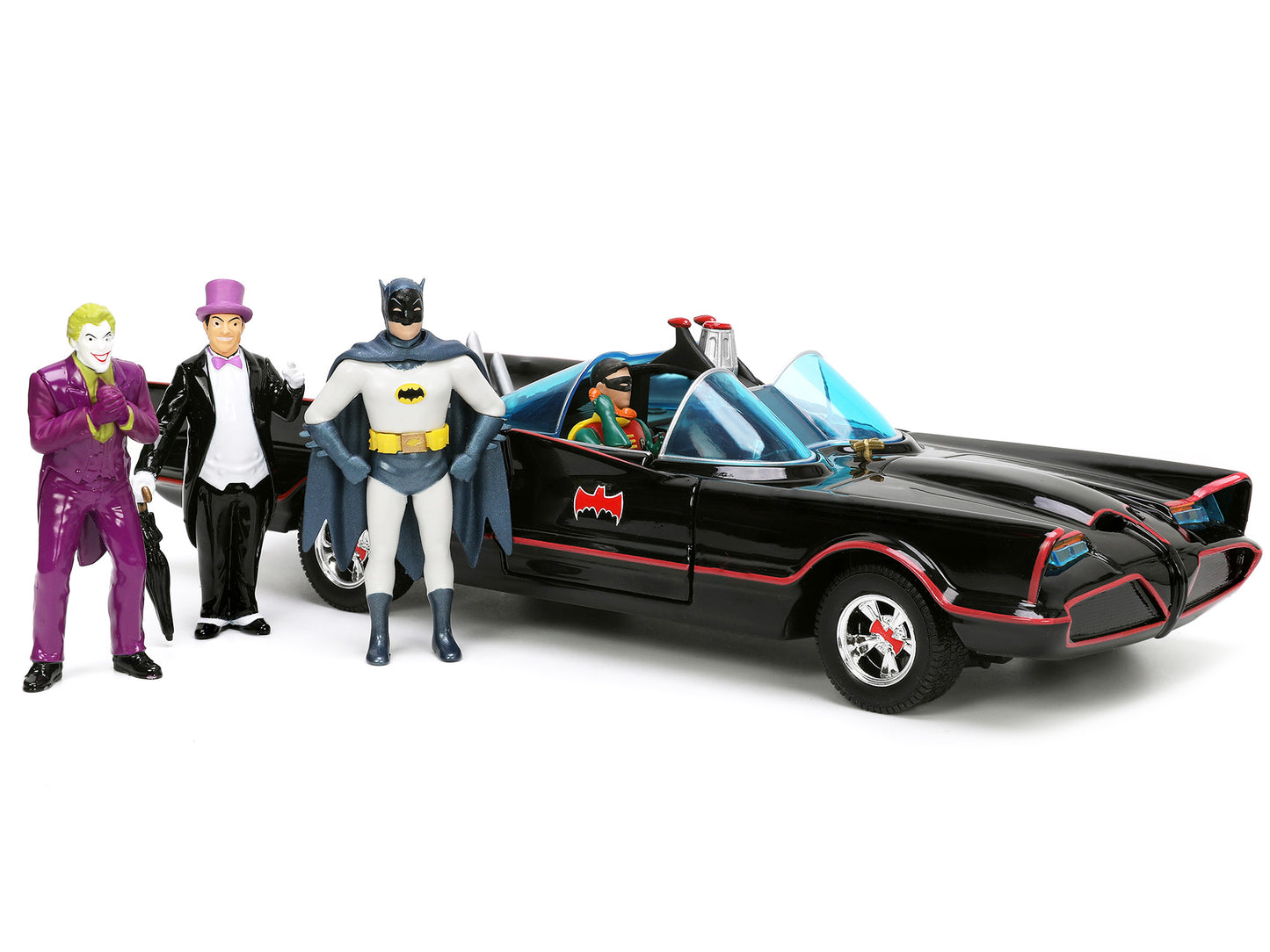 1966 Classic Batmobile with Diecast Batman The Joker The Penguin and Plastic Robin Sitting Inside The Car &quot;Batman&quot; TV Series (1966) &quot;Hollywood Rides&quot; Series 1/24 Diecast Model Car by Jada