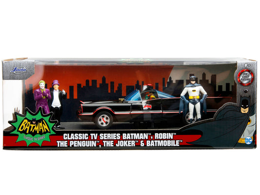 1966 Classic Batmobile with Diecast Batman The Joker The Penguin and Plastic Robin Sitting Inside The Car &quot;Batman&quot; TV Series (1966) &quot;Hollywood Rides&quot; Series 1/24 Diecast Model Car by Jada