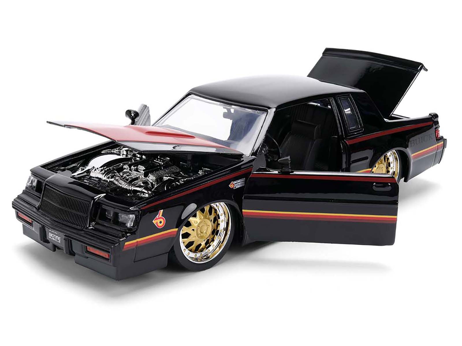 1987 Buick Grand National Black with Matt Red Hood and Stripes &quot;Bigtime Muscle&quot; Series 1/24 Diecast Model Car by Jada