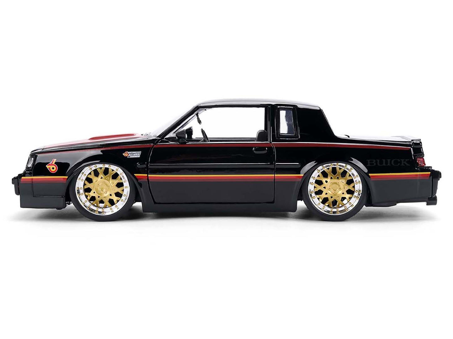 1987 Buick Grand National Black with Matt Red Hood and Stripes &quot;Bigtime Muscle&quot; Series 1/24 Diecast Model Car by Jada