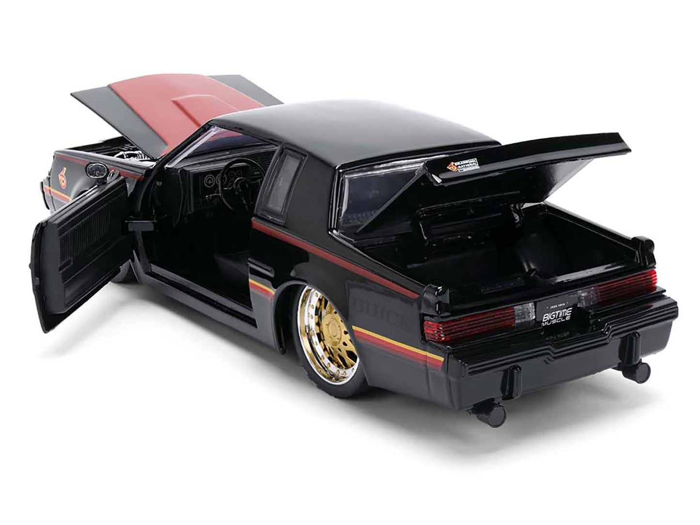 1987 Buick Grand National Black with Matt Red Hood and Stripes &quot;Bigtime Muscle&quot; Series 1/24 Diecast Model Car by Jada